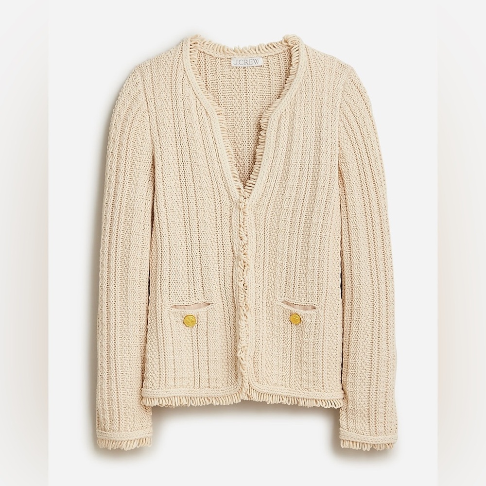 J Crew Lady Jacket Womens Large Pale Bone Fringe Cable Knit Textured Merino Wool